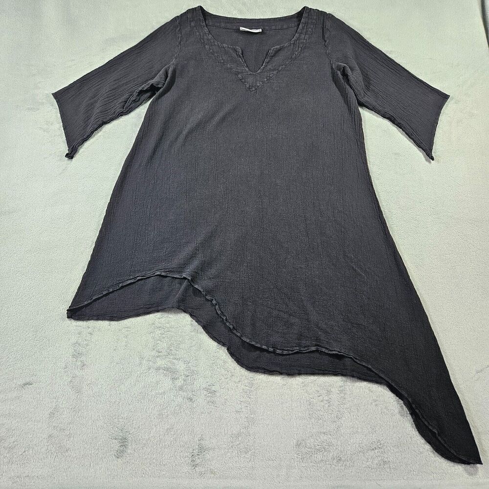 Cottonways Tunic Top Womens Size 2 Black Gauze Beachy V-Neck Asymmetrical
